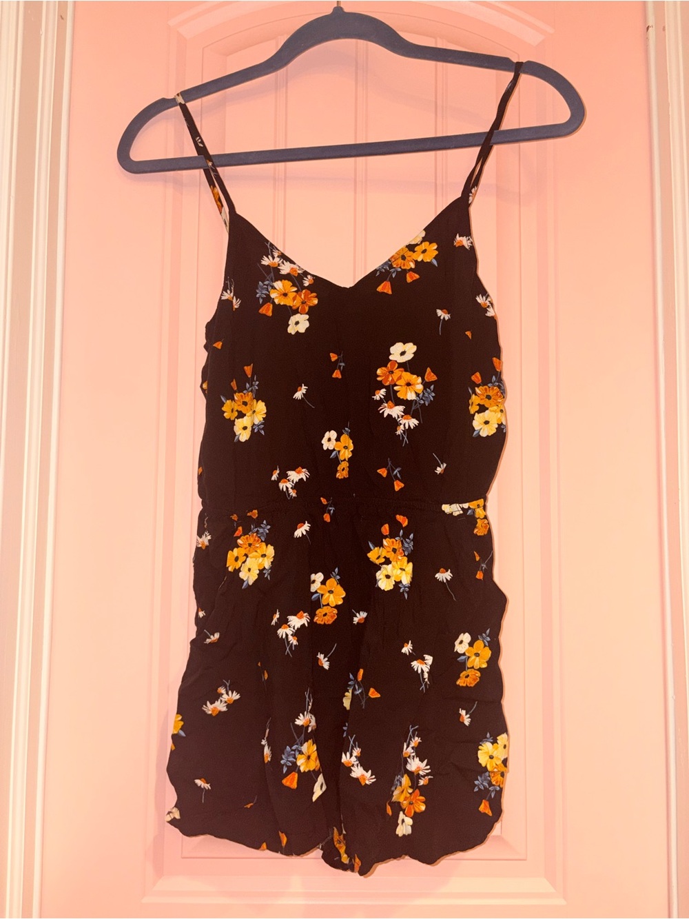 H&M Black Floral Spaghetti Strap Romper with Yellow & White Blooms